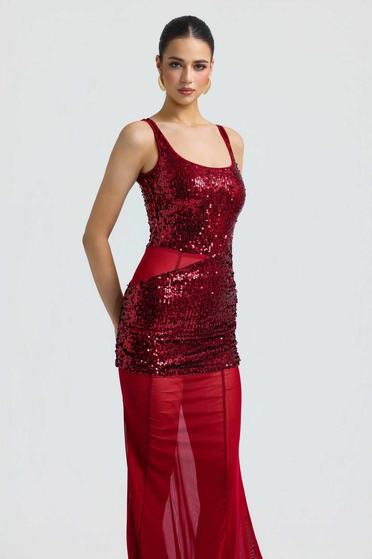Sequin Splicing Mesh See-Through Midi Dress
