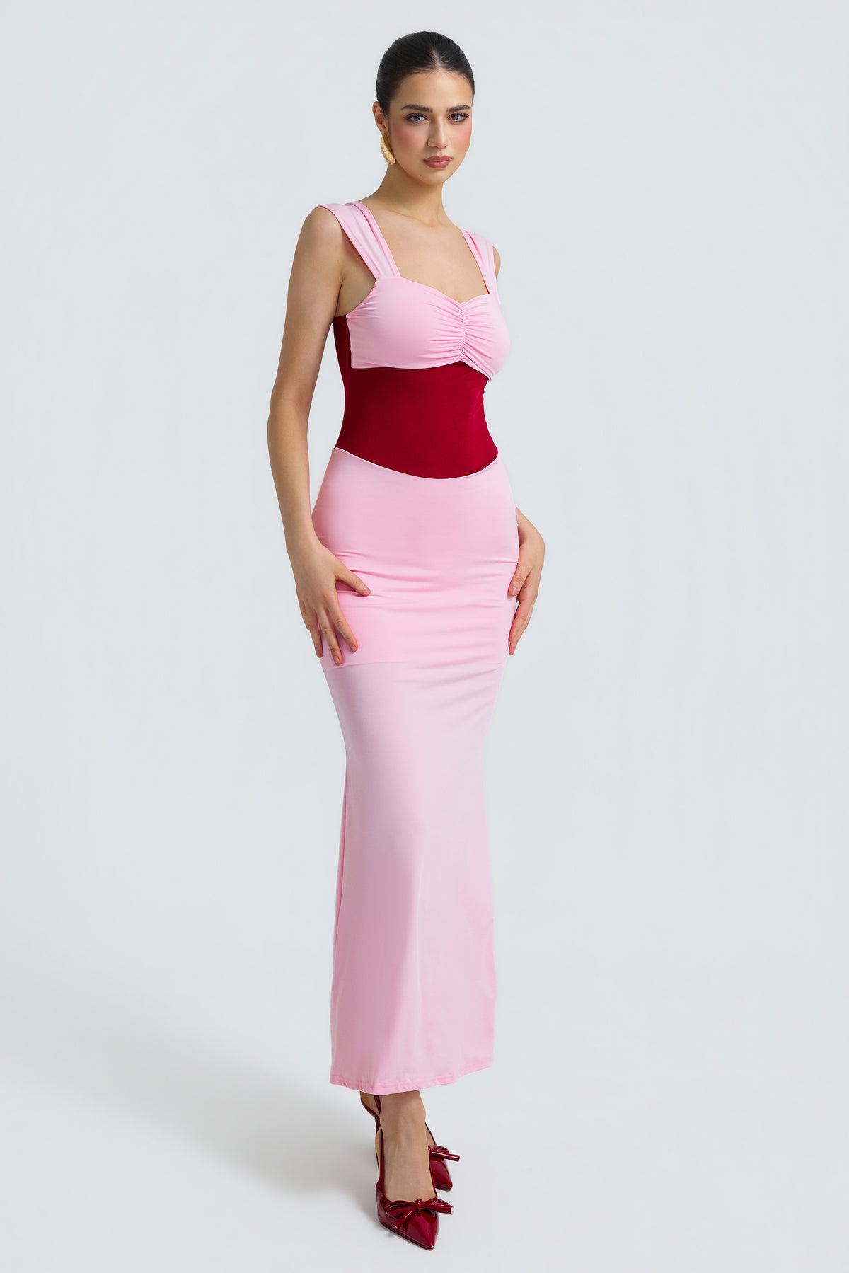 Jersey Contrast Color Square Collar Midi Dress