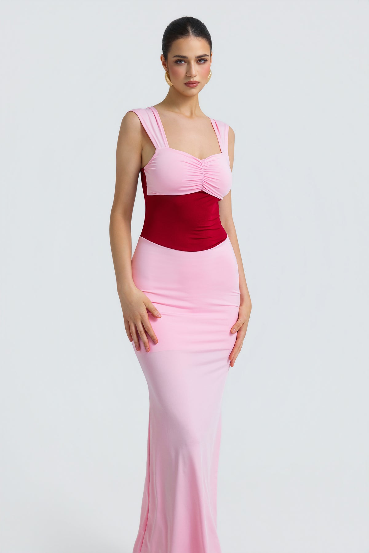 Jersey Contrast Color Square Collar Midi Dress