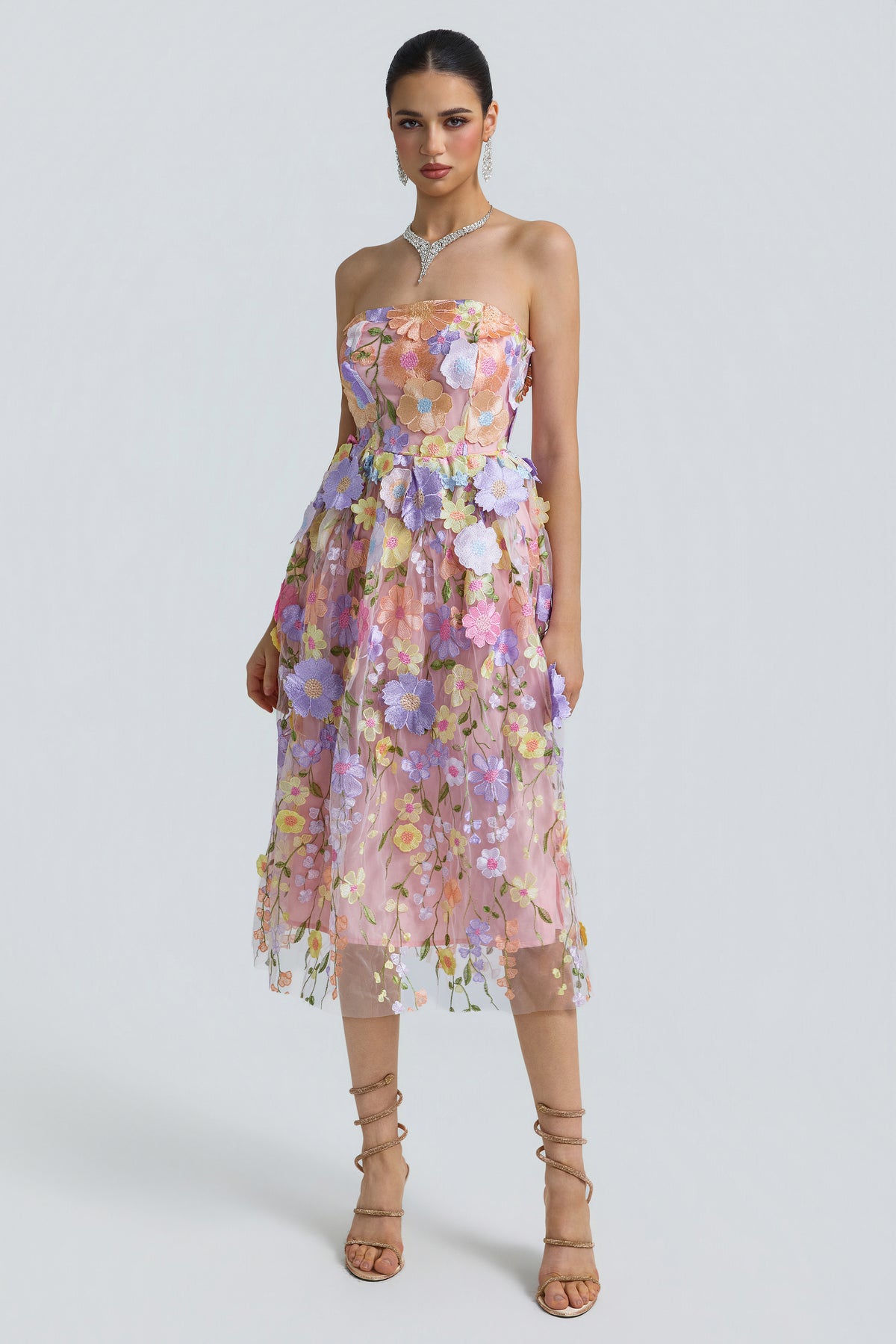 Tulle 3D Floral Strapless Midi Dress