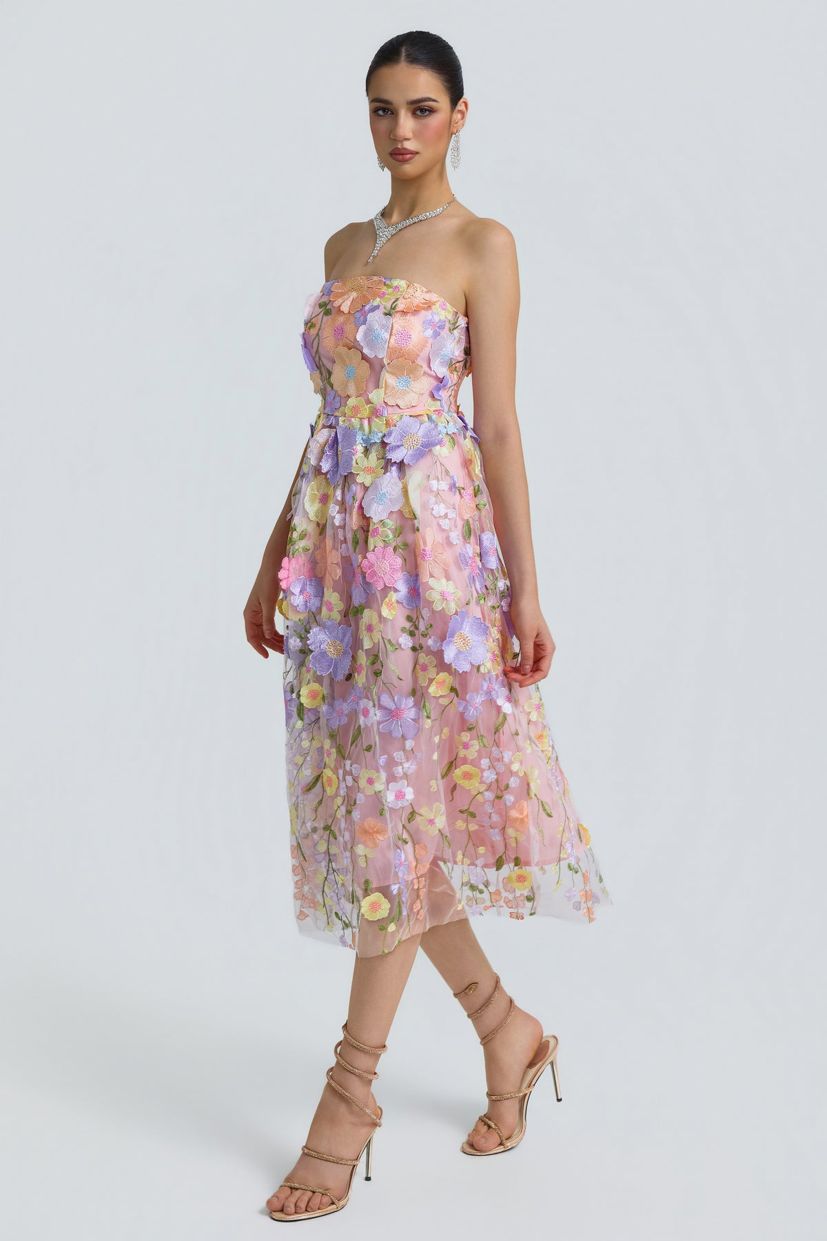 Tulle 3D Floral Strapless Midi Dress