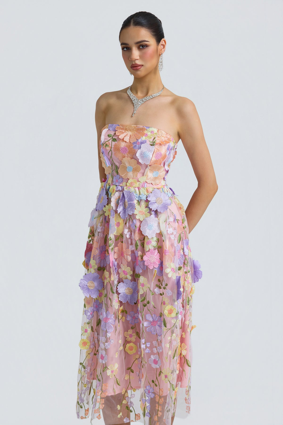 Tulle 3D Floral Strapless Midi Dress