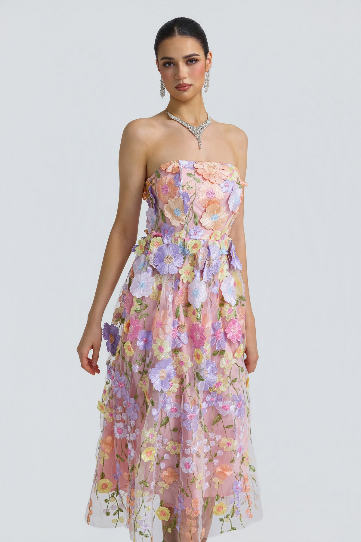 Tulle 3D Floral Strapless Midi Dress