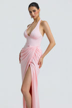 Halter Deep V Pleated Waist Slit Maxi Dress