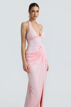 Halter Deep V Pleated Waist Slit Maxi Dress