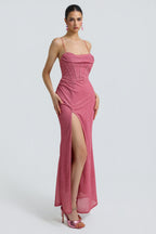Lurex Knit Corset Draped High-Slit Maxi Dress