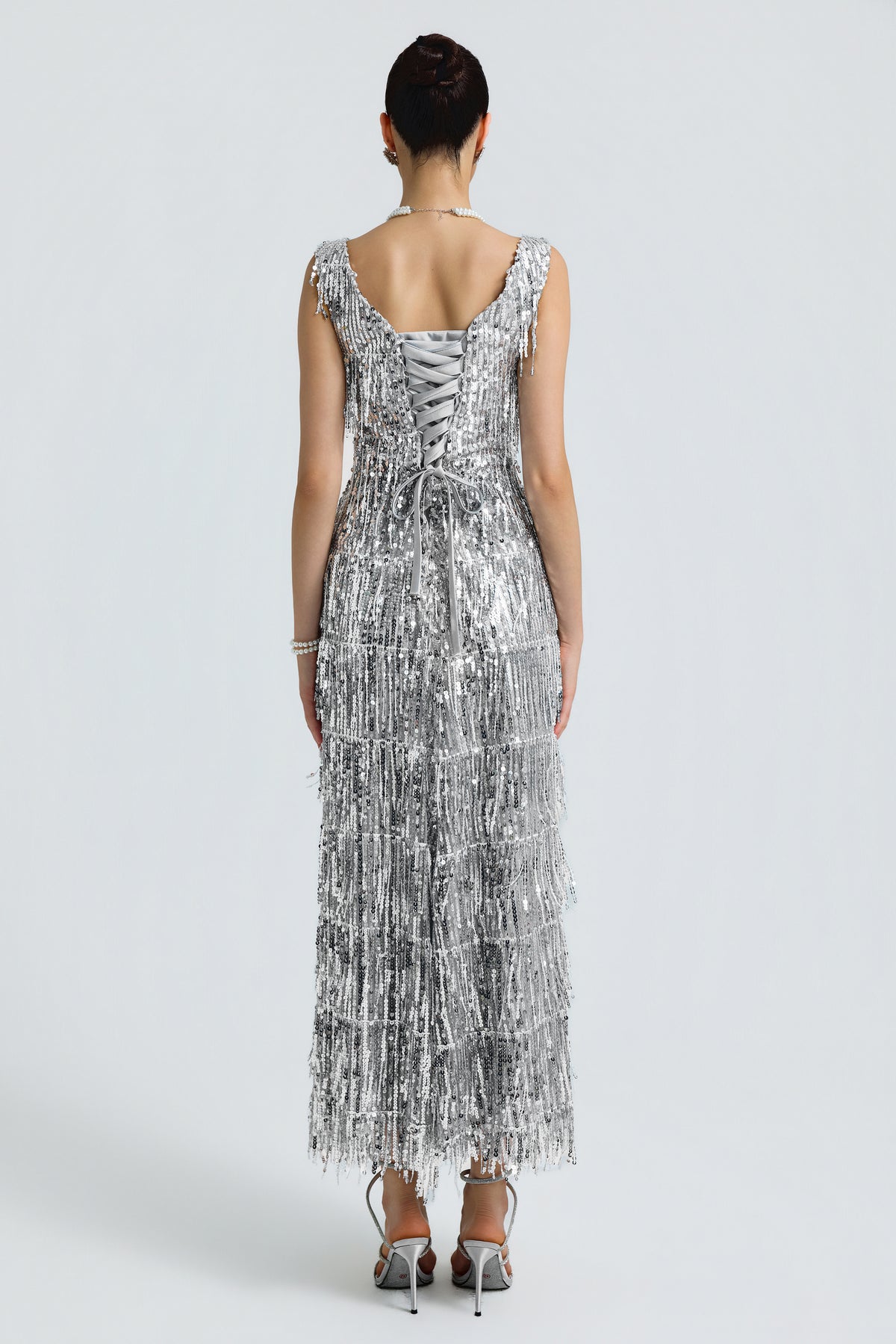 Sequin Fringe Plunge Neck Side Cutout Midi Dress