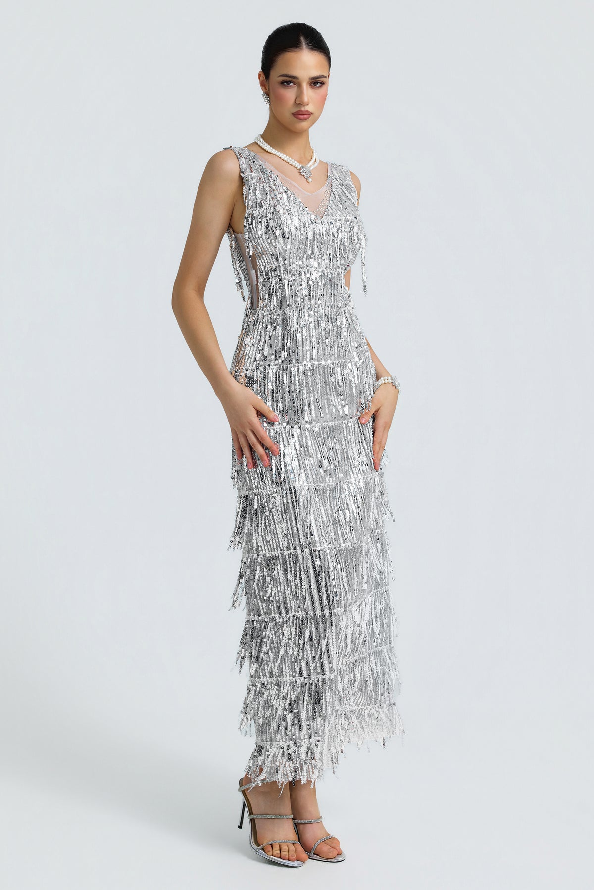 Sequin Fringe Plunge Neck Side Cutout Midi Dress