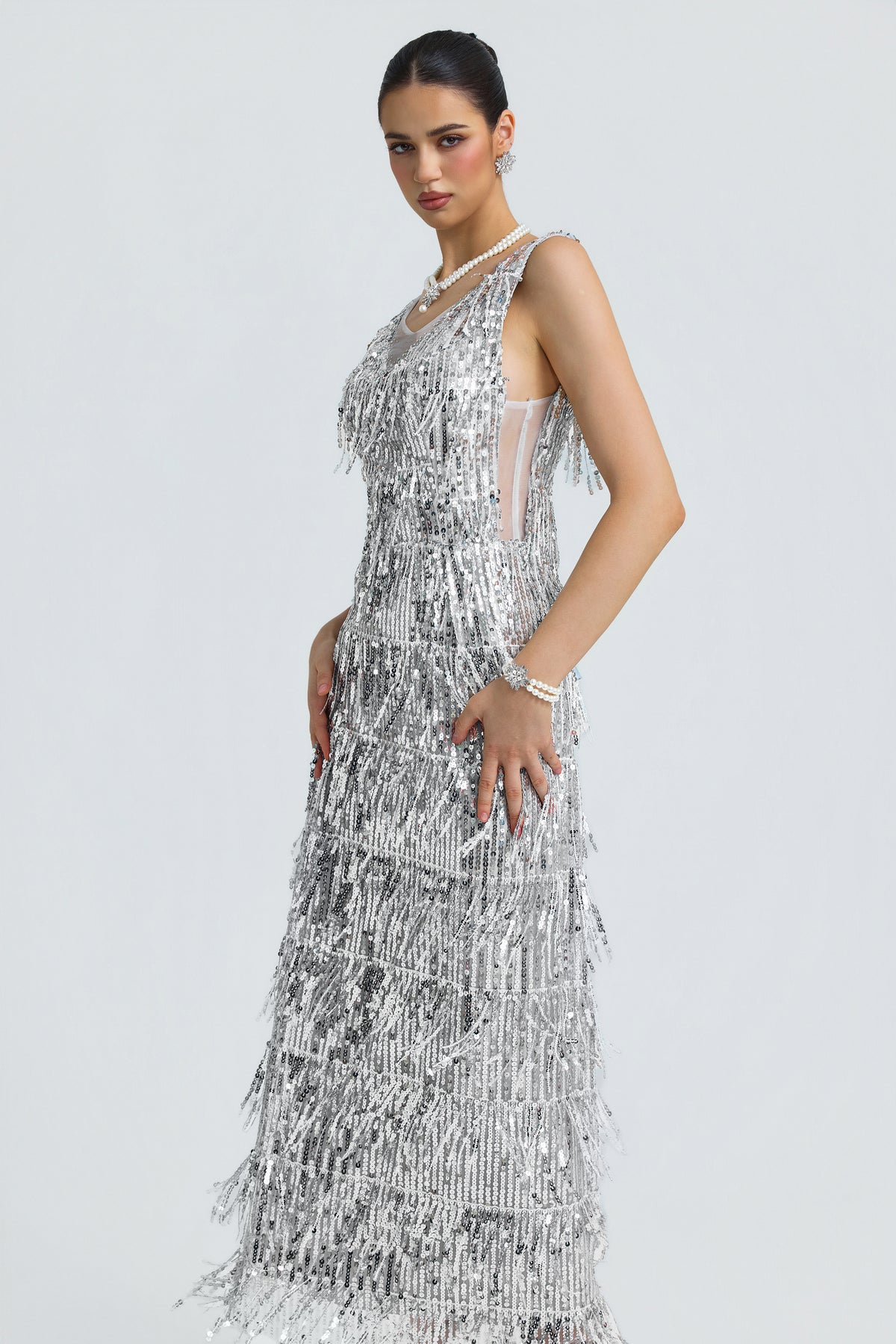 Sequin Fringe Plunge Neck Side Cutout Midi Dress