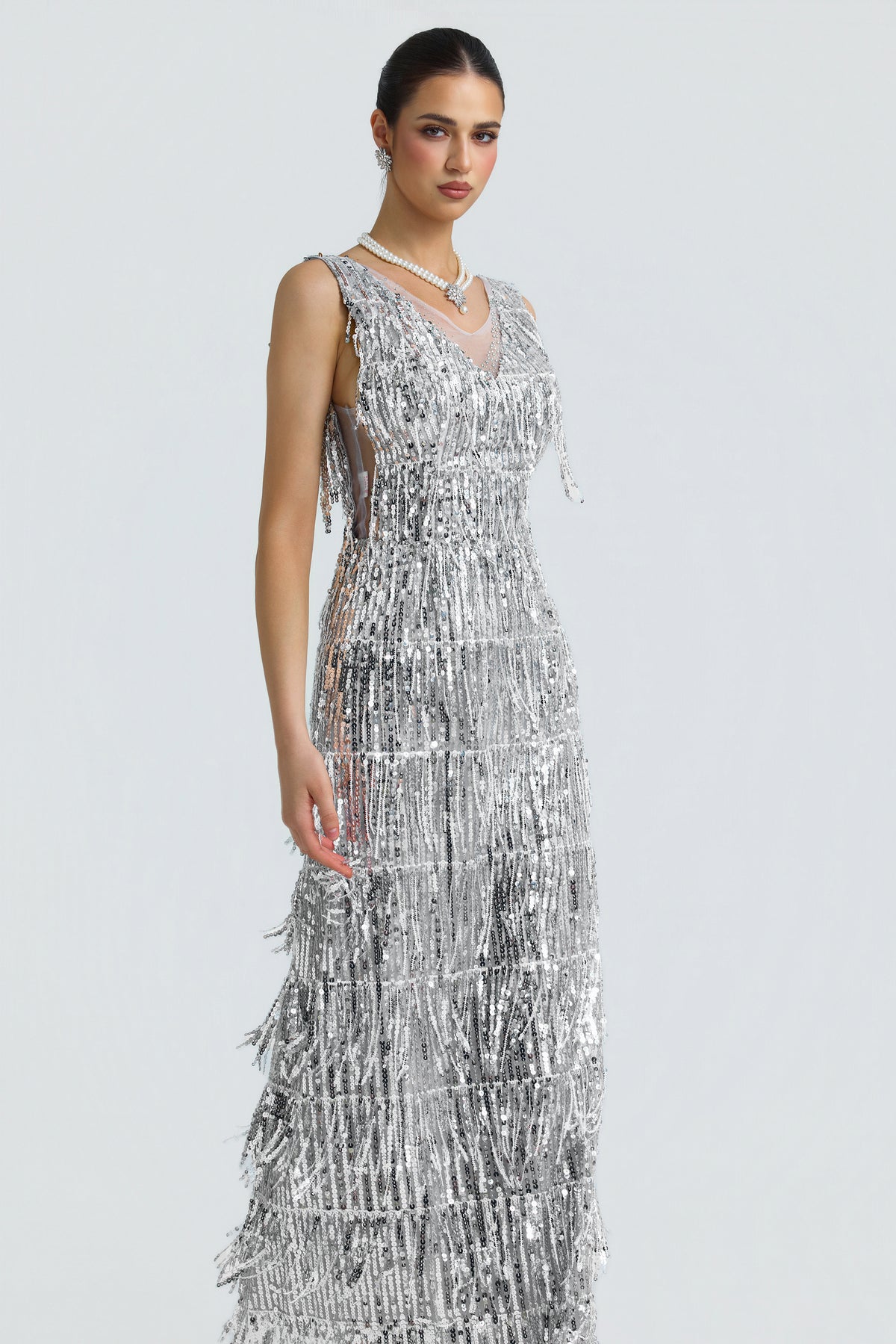 Sequin Fringe Plunge Neck Side Cutout Midi Dress