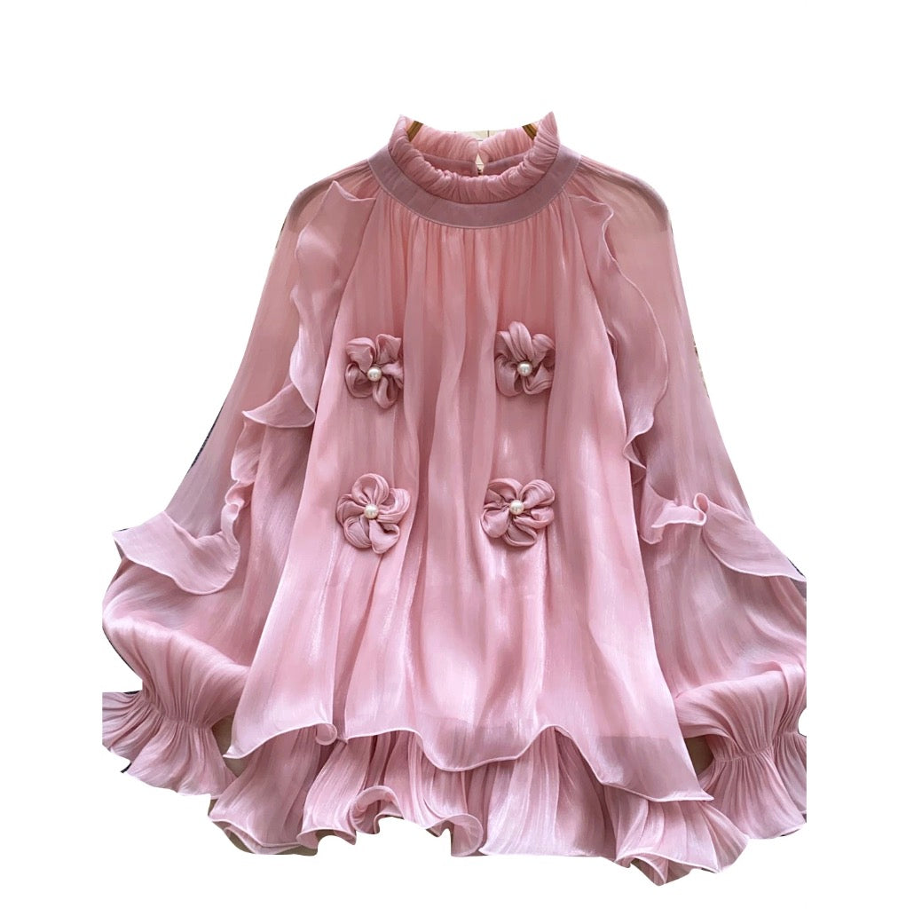French Style 3D Beaded Flower Shirt