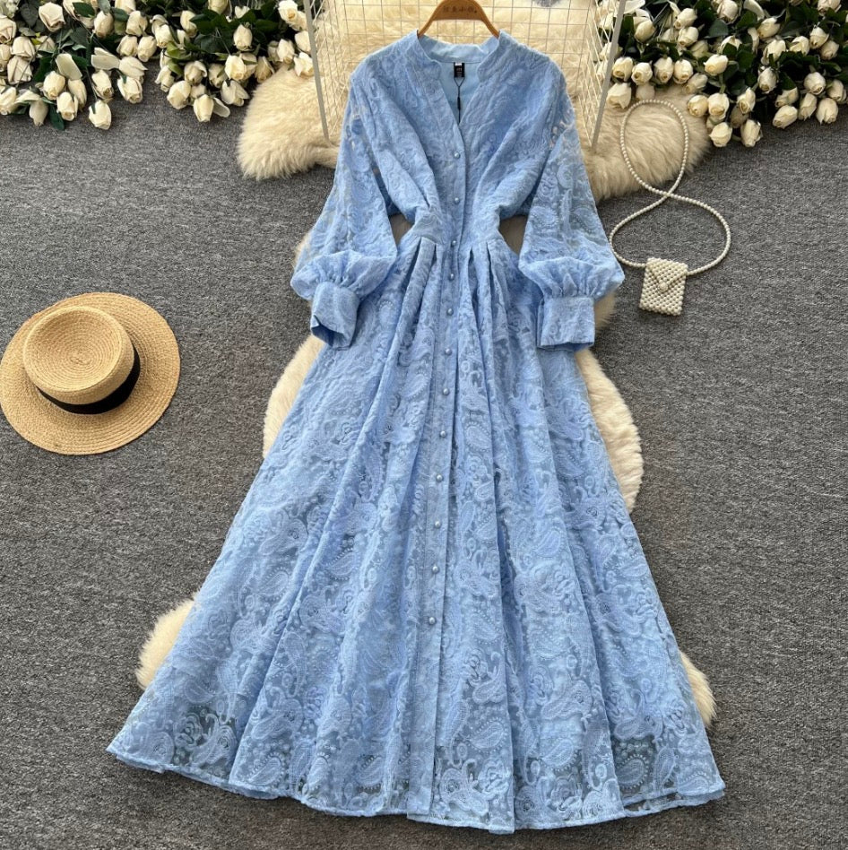 Stand Collar Embroidered Lace Dress