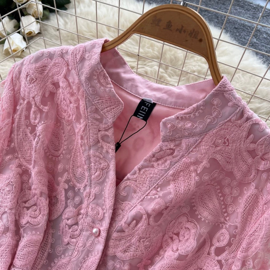 Stand Collar Embroidered Lace Dress