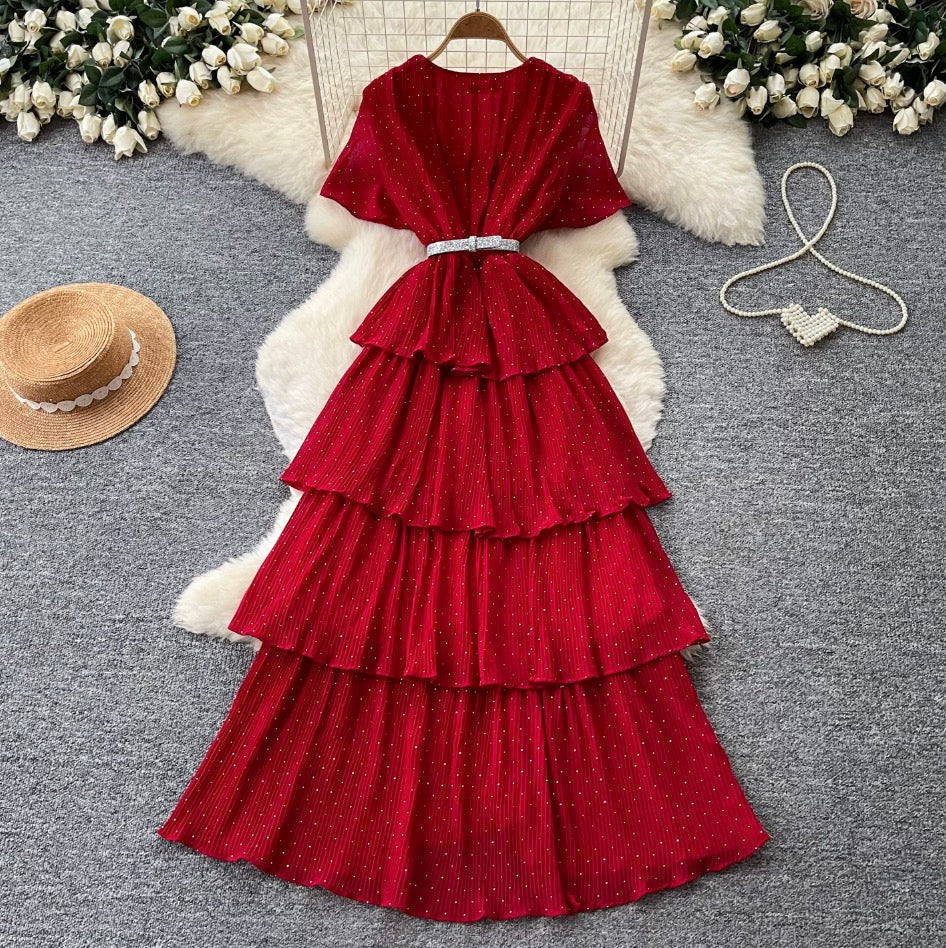 Elegant V-neck Beaded Layer Dress