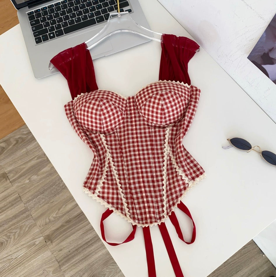 Vintage Plaid Lace Patchwork Camisole