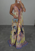 Vintage And Exotic Printed V-neck Sling Loose Large Swing Holiday Dress