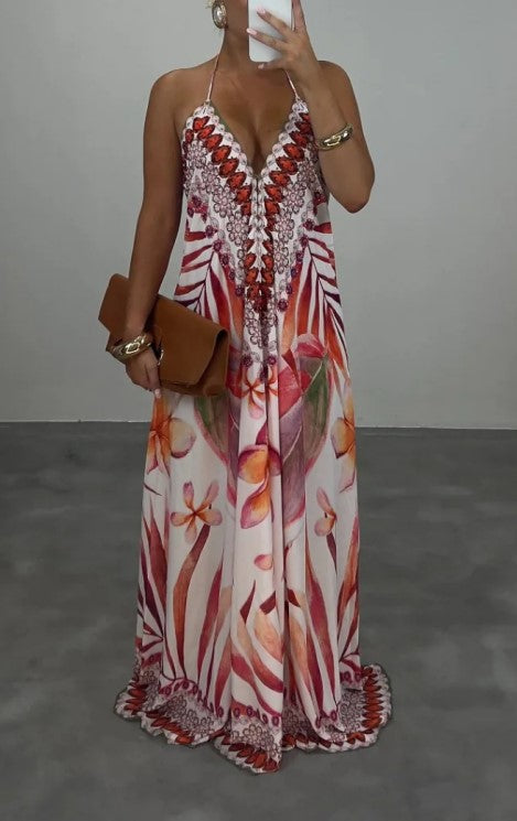 Vintage And Exotic Printed V-neck Sling Loose Large Swing Holiday Dress
