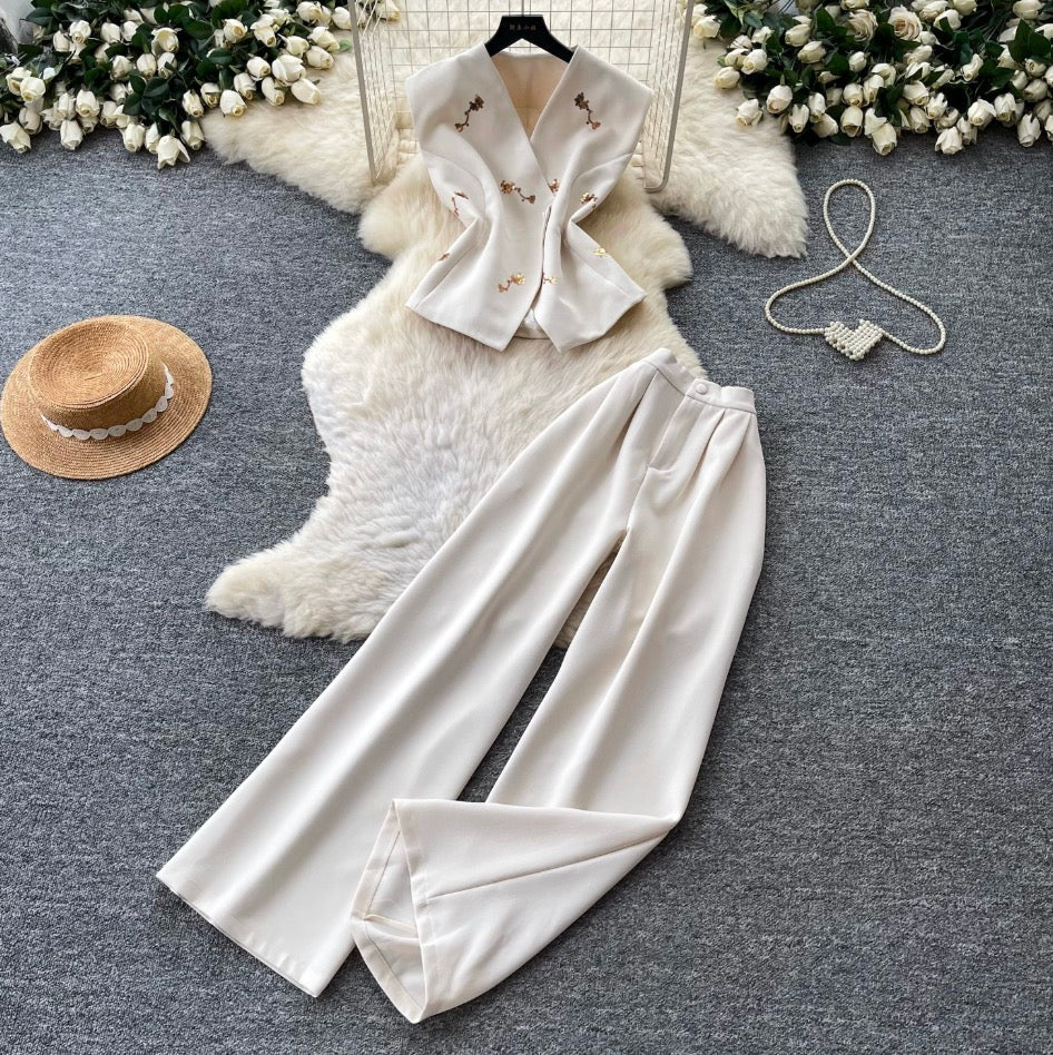 Vest Jacket & Wide-leg Trousers 2Pcs