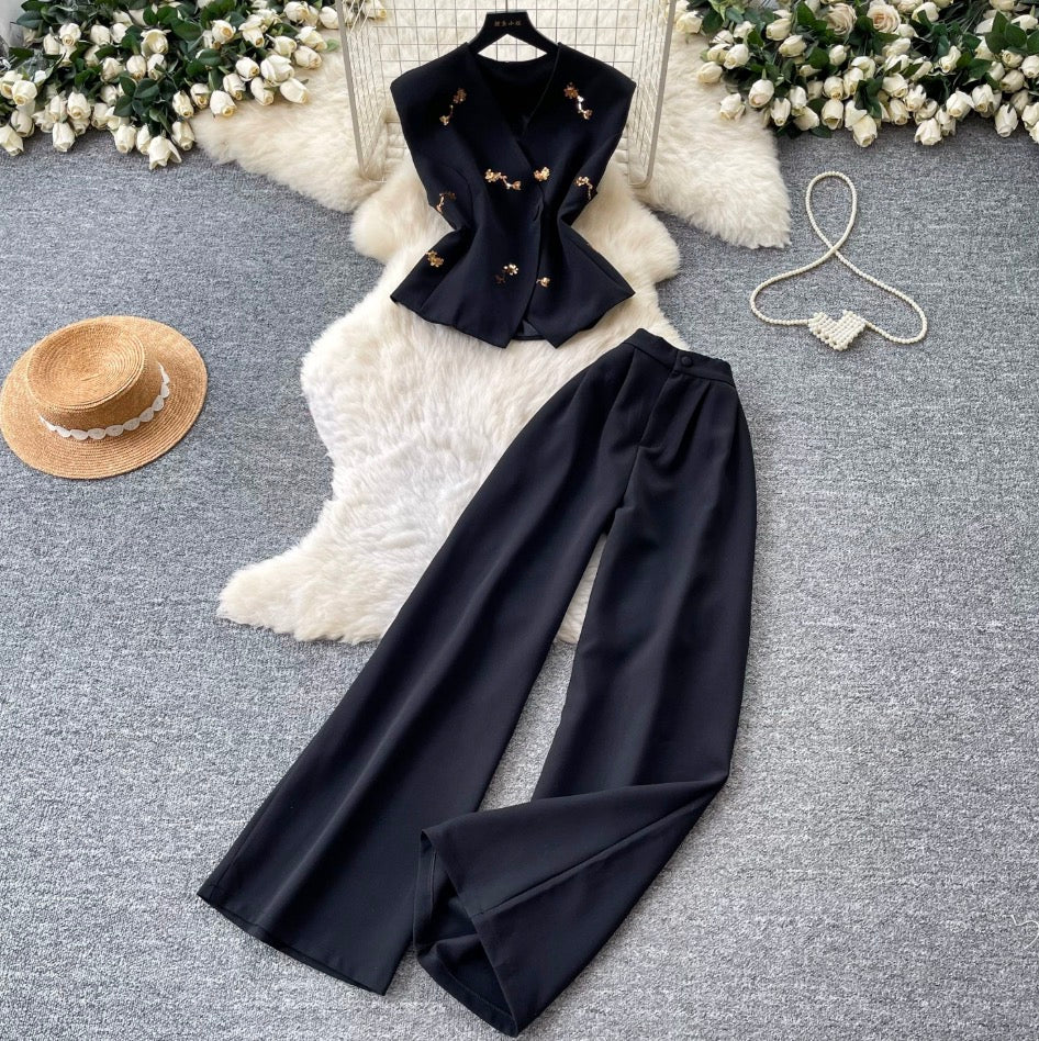 Vest Jacket & Wide-leg Trousers 2Pcs