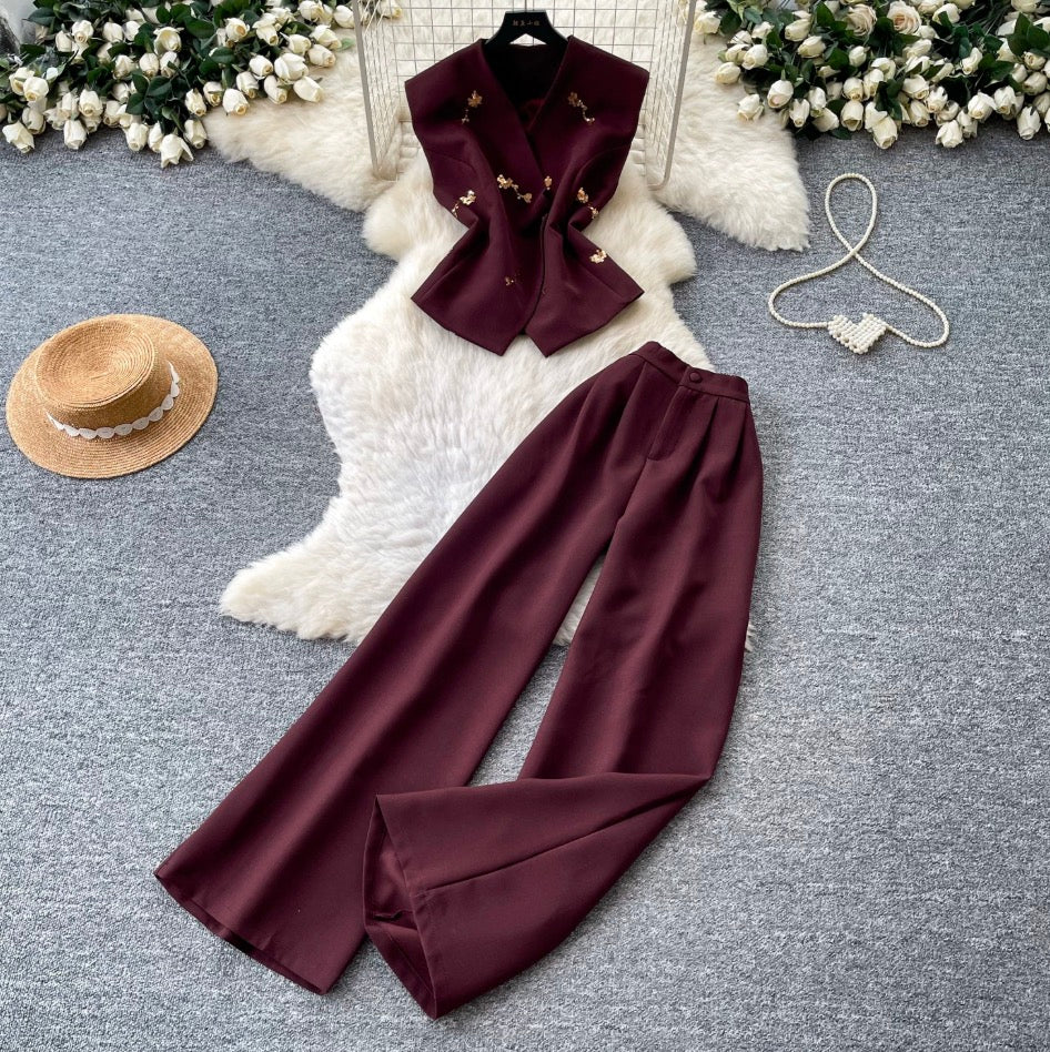 Vest Jacket & Wide-leg Trousers 2Pcs