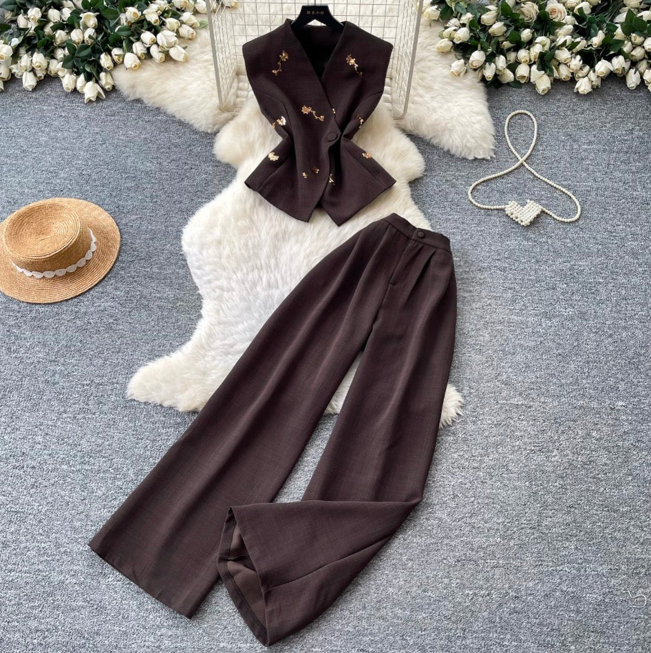 Vest Jacket & Wide-leg Trousers 2Pcs