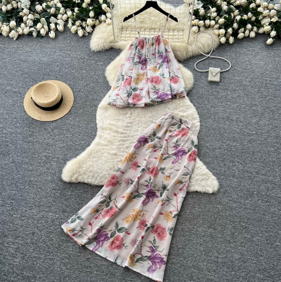 Asymmetric Floral Camisole & Skirt 2Pcs