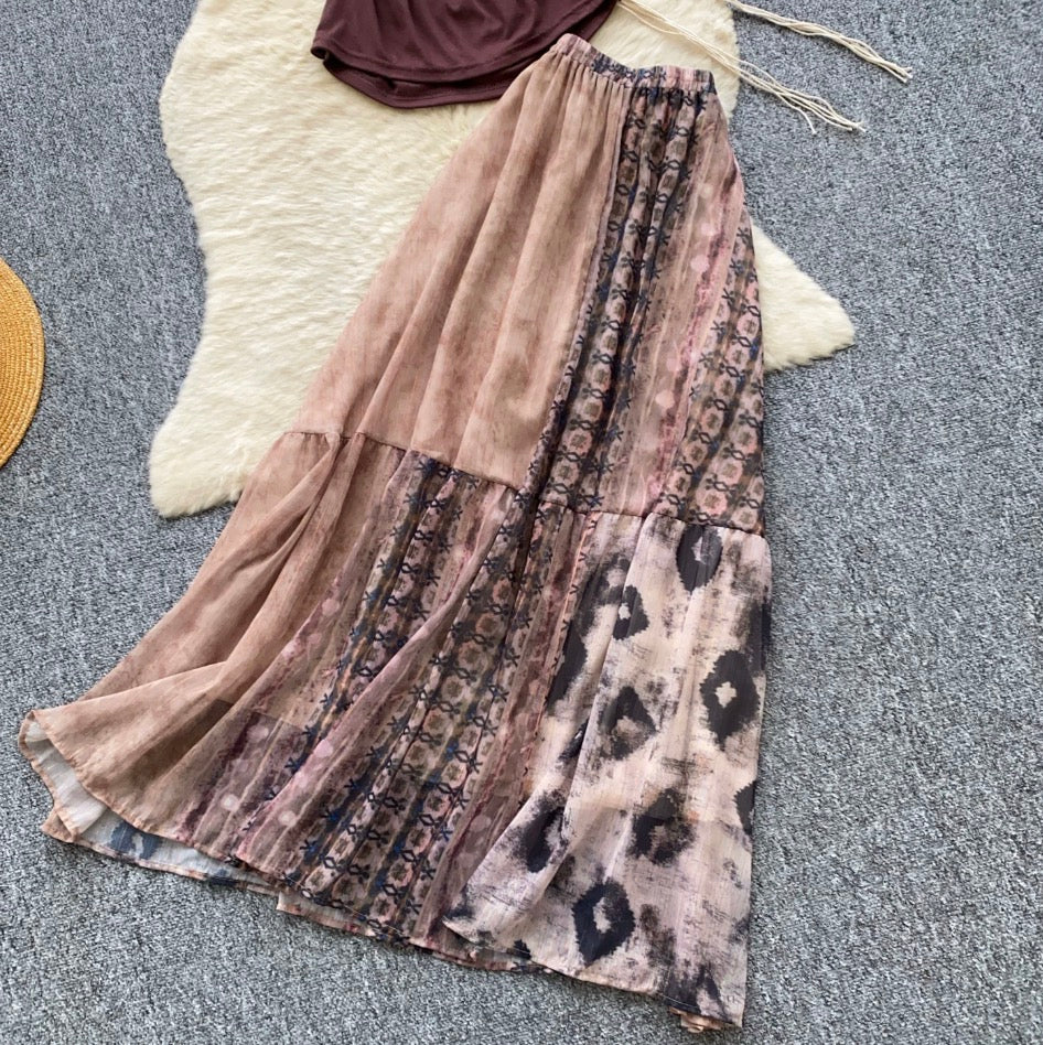 Off-shoulder Top & Print Skirt 2Pcs