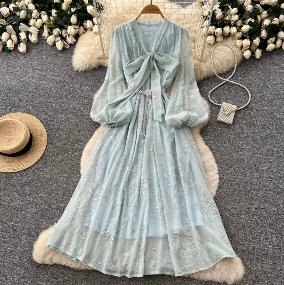 V-neck Bow Tie Sequined Dress