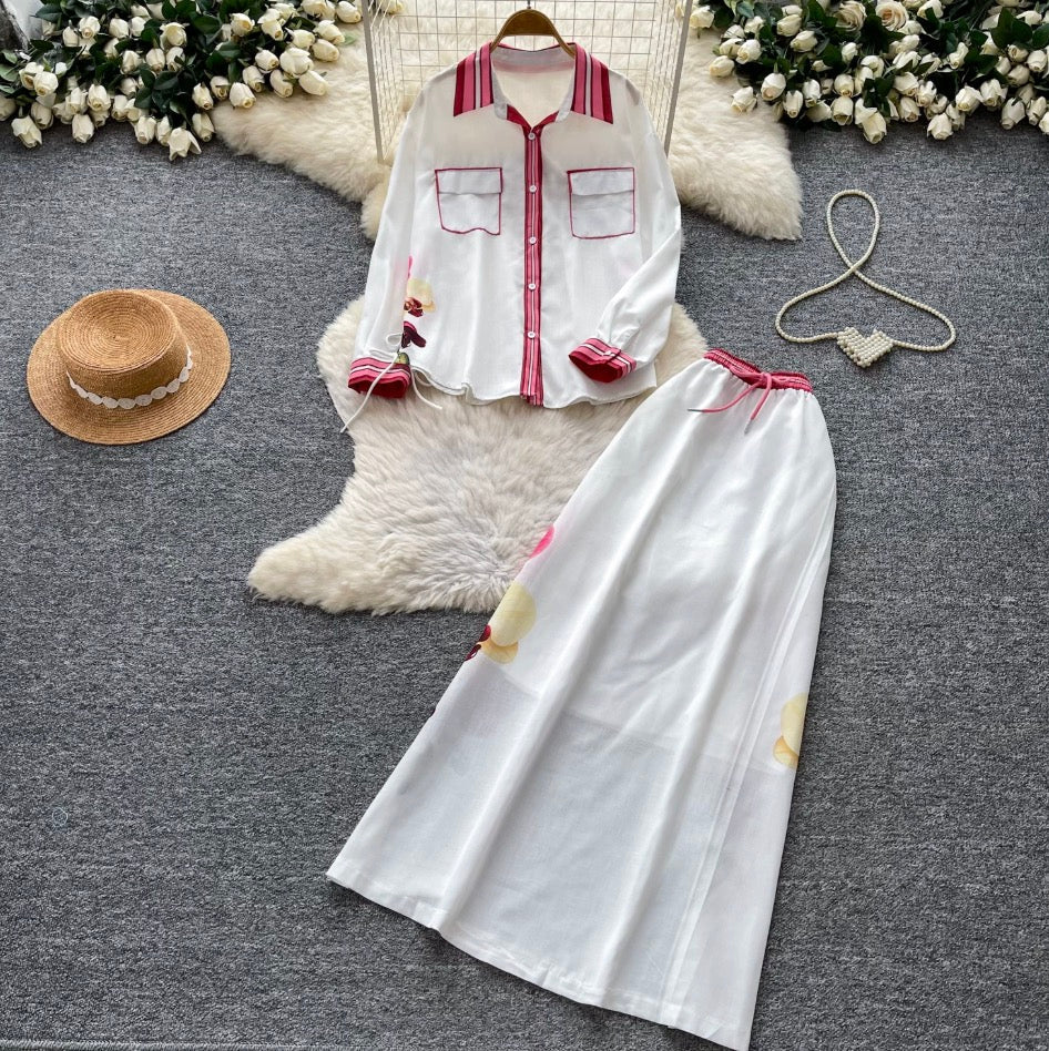 Printed Shirt & High-waist Skirt 2Pcs