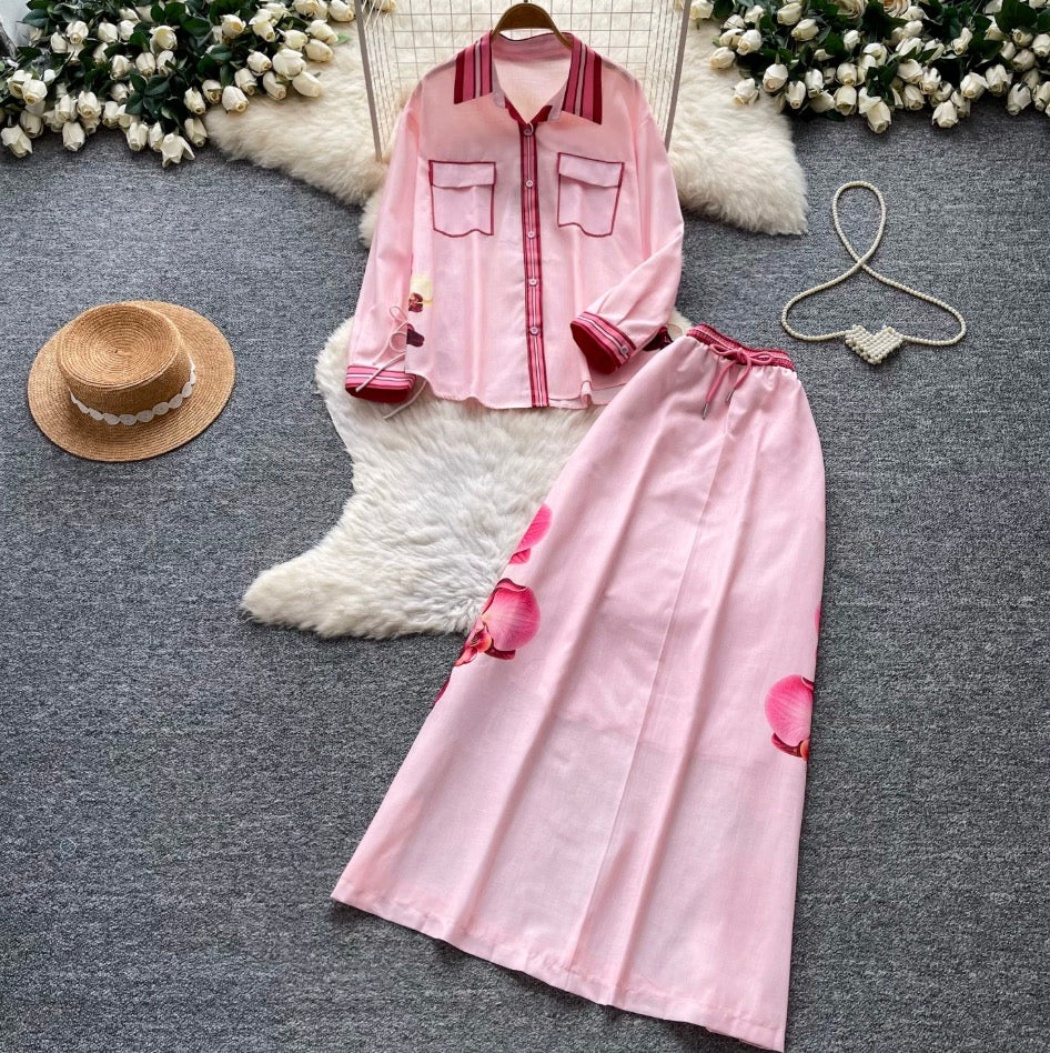Printed Shirt & High-waist Skirt 2Pcs