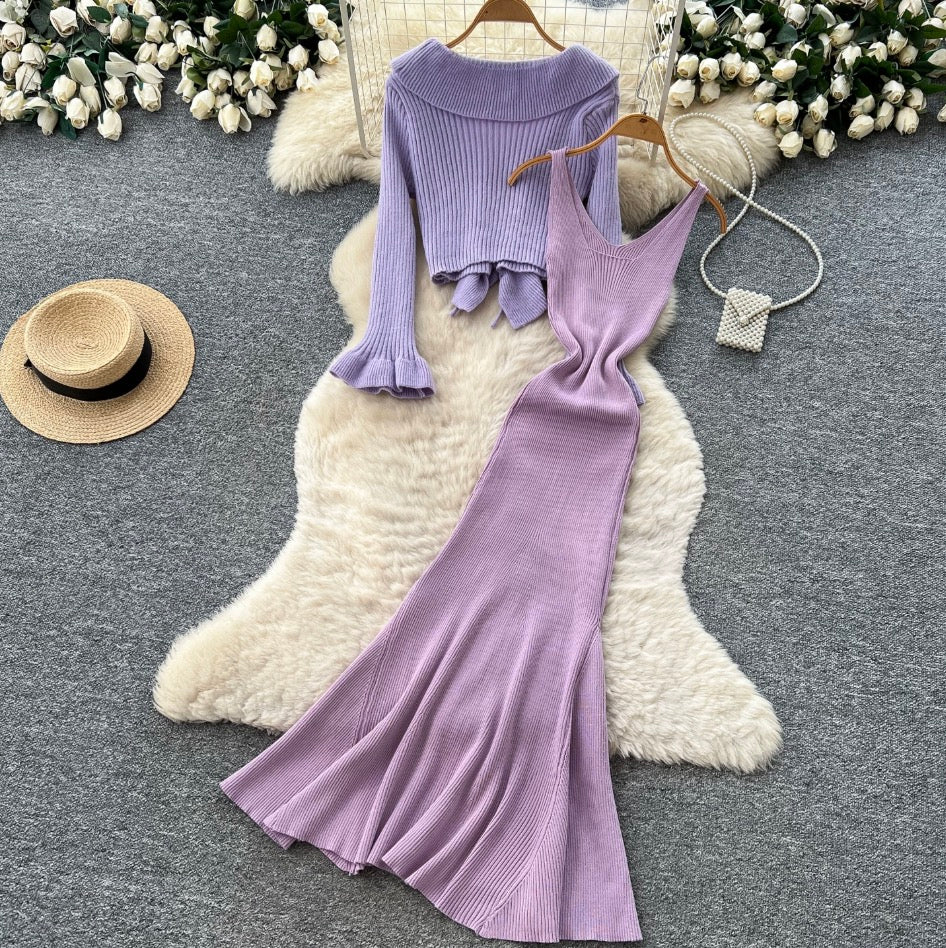 Cardigan & Slip Dress Simple 2Pcs