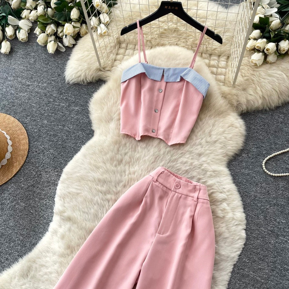 Vintage Camisole & Wide-leg Trousers 2Pcs