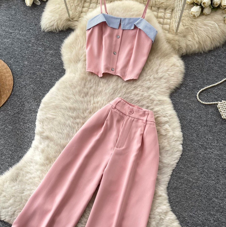 Vintage Camisole & Wide-leg Trousers 2Pcs