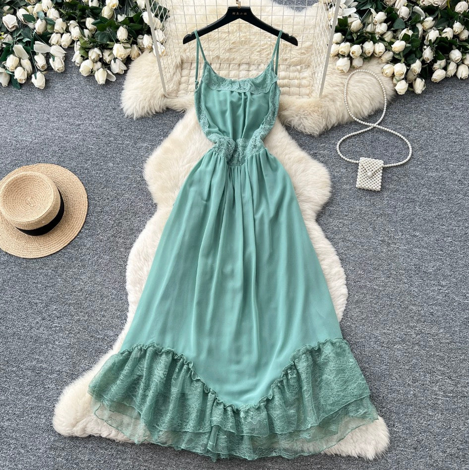 Backless Green Lace Patchwork Slip Dress