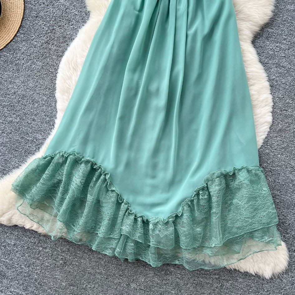 Backless Green Lace Patchwork Slip Dress