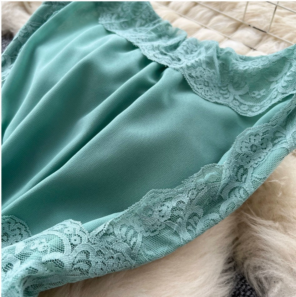 Backless Green Lace Patchwork Slip Dress