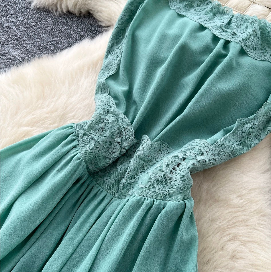 Backless Green Lace Patchwork Slip Dress