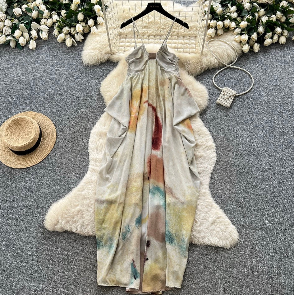 Tie-dye Backless Loose Slip Dress