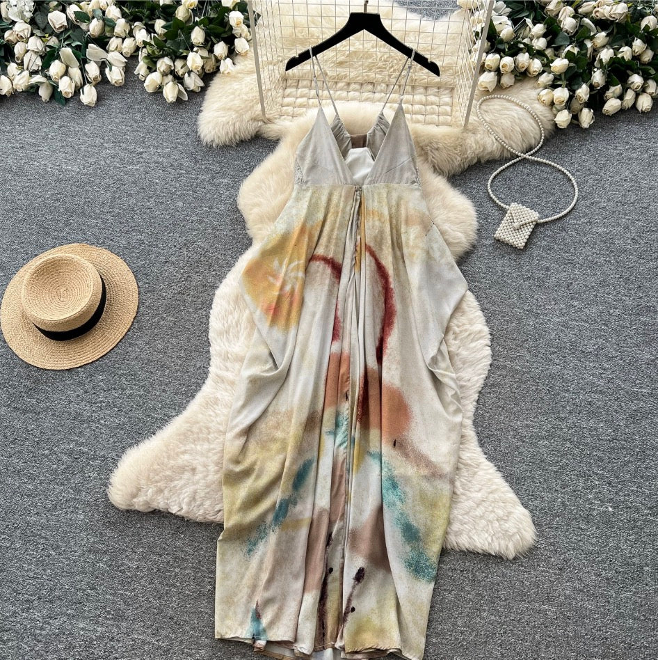 Tie-dye Backless Loose Slip Dress