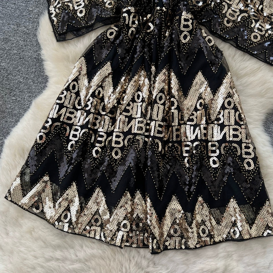 Monogrammed Sequined Black Dress