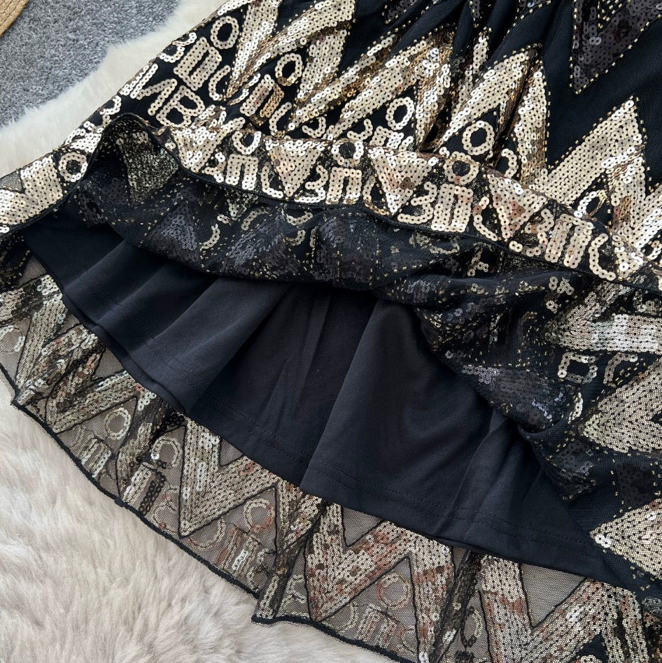 Monogrammed Sequined Black Dress