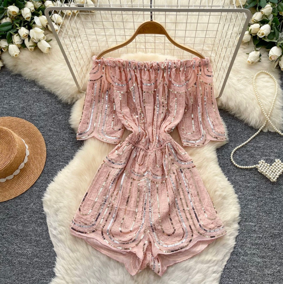 Off-shoulder Pink Sequined Rompers