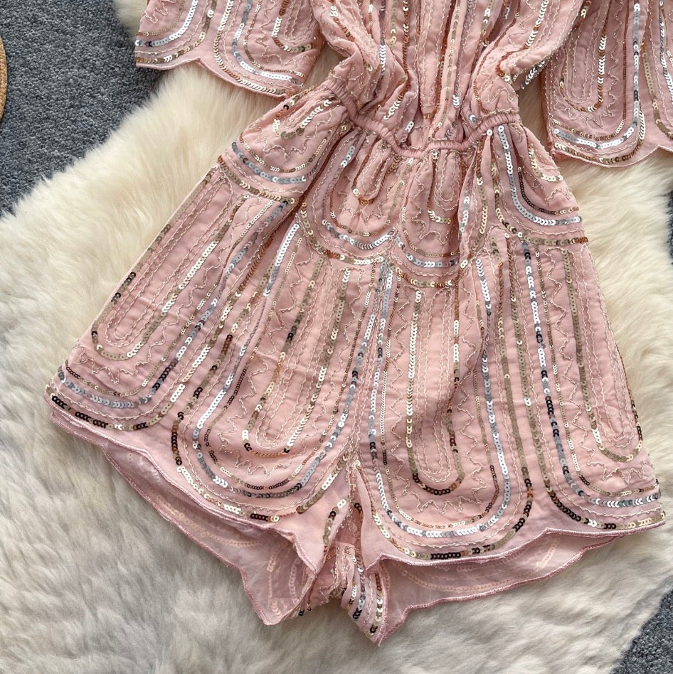 Off-shoulder Pink Sequined Rompers