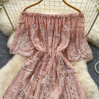 Off-shoulder Pink Sequined Rompers