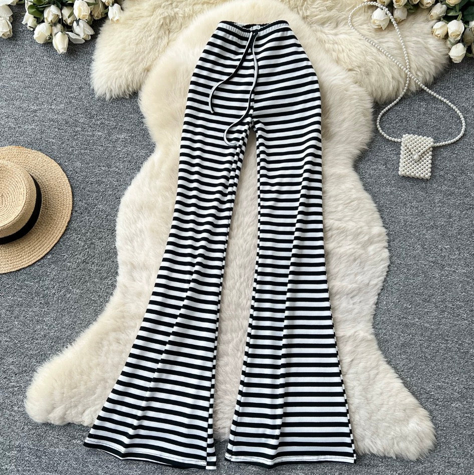Stretchy Striped Print Flared Pants