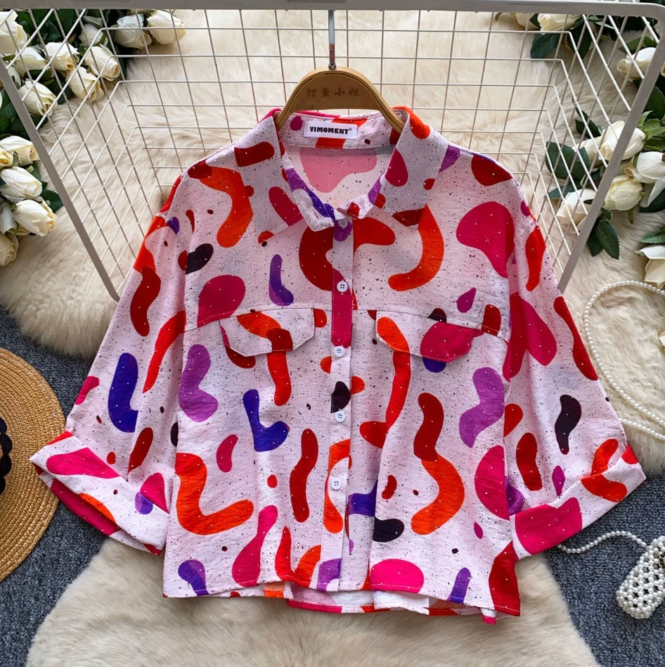 Casual Rhinestone Studded Print Shirt