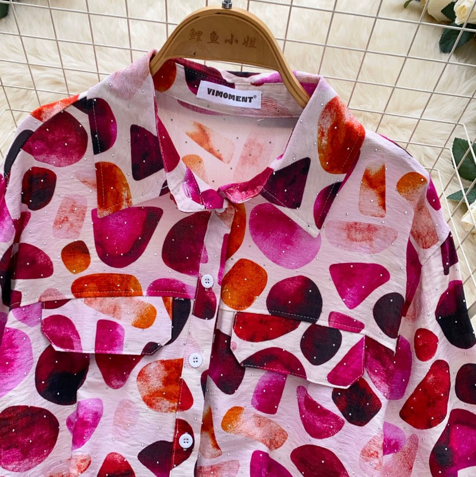 Casual Rhinestone Studded Print Shirt