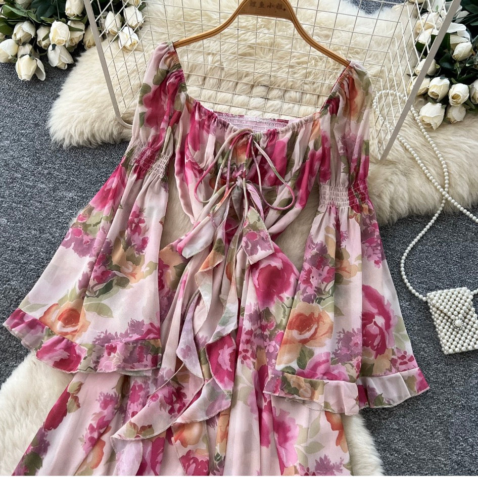 Flared Sleeve Ruffled Floral Dress