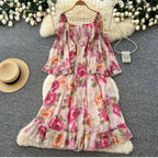 Flared Sleeve Ruffled Floral Dress