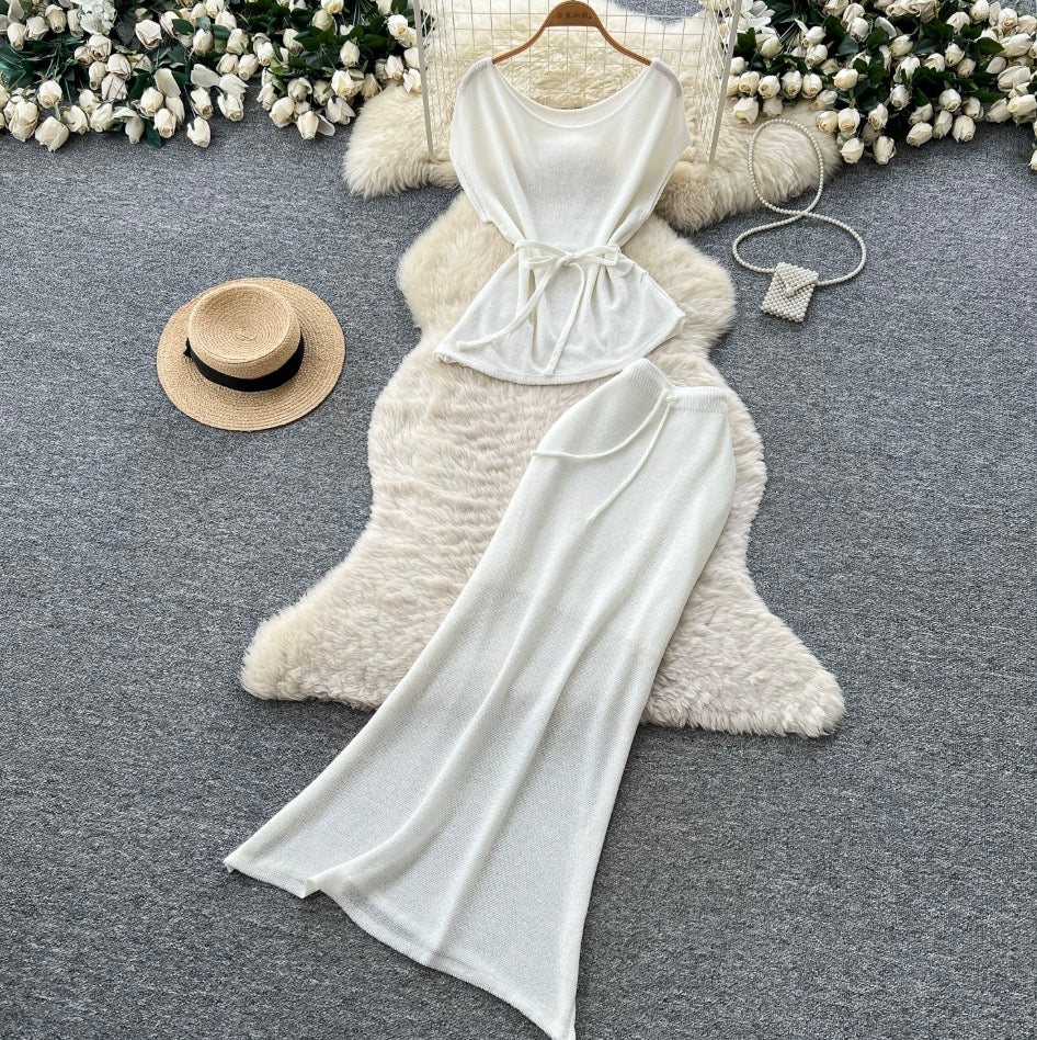 V-neck Knitwear & Skirt 2Pcs Sets